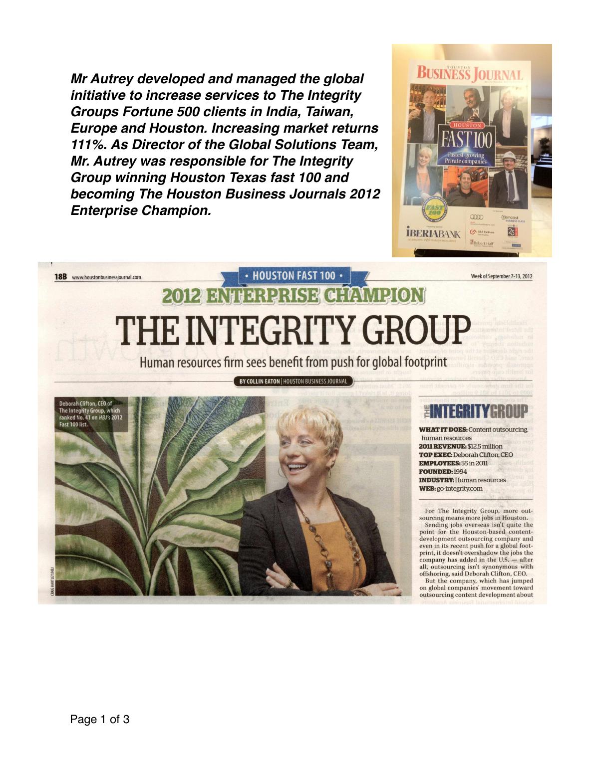 Houston Business Journal Enterprise Champion coverage, 2012